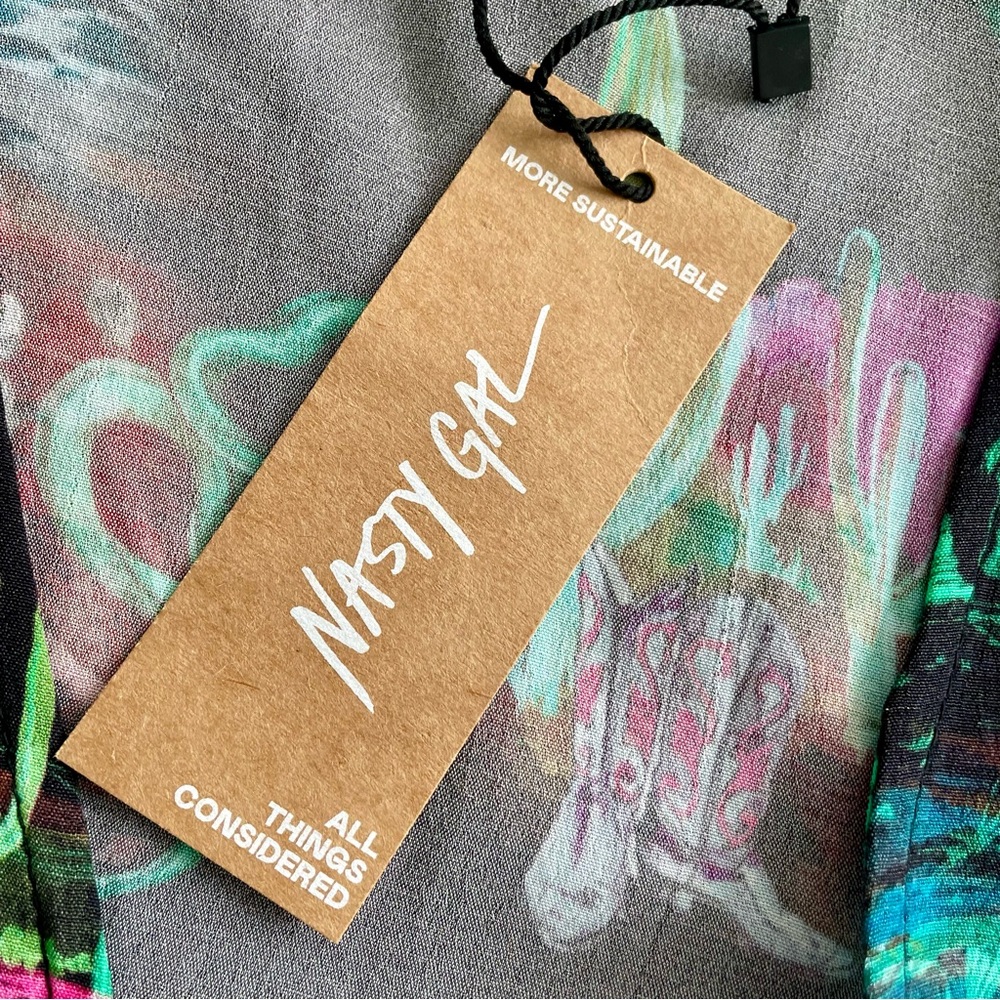 Nasty Gal Black Desert Print V-Neck Rodeo Plunge Minidress Sz 6 New With Tags - Picture 12 of 15